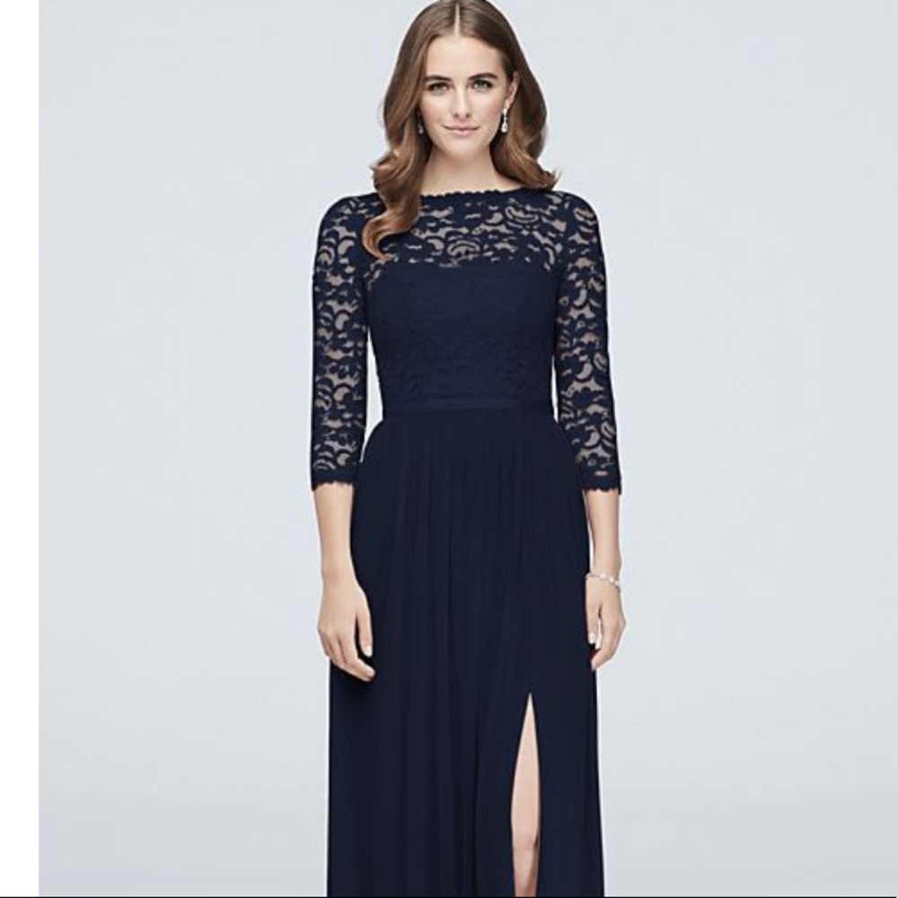 Navy Lace 3/4-sleeve Maxi Bridesmaid Dress